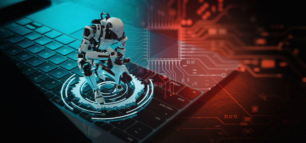 一个机器人坐在键盘上思考。照顾好系统，保证它的安全。图片下载