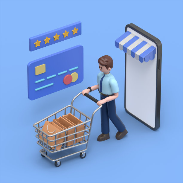 有个性的网上购物理念。可以用于网页横幅，信息图表，英雄形象。亚洲人felix的3D插图。蓝色背景的3D渲染。图片下载