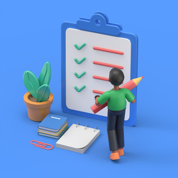 人物性格，手持铅笔，在调查表的核对表上打勾。笔记本和记忆贴纸。商业组织和规划概念。英俊的非洲人大卫的3d插图。图片下载