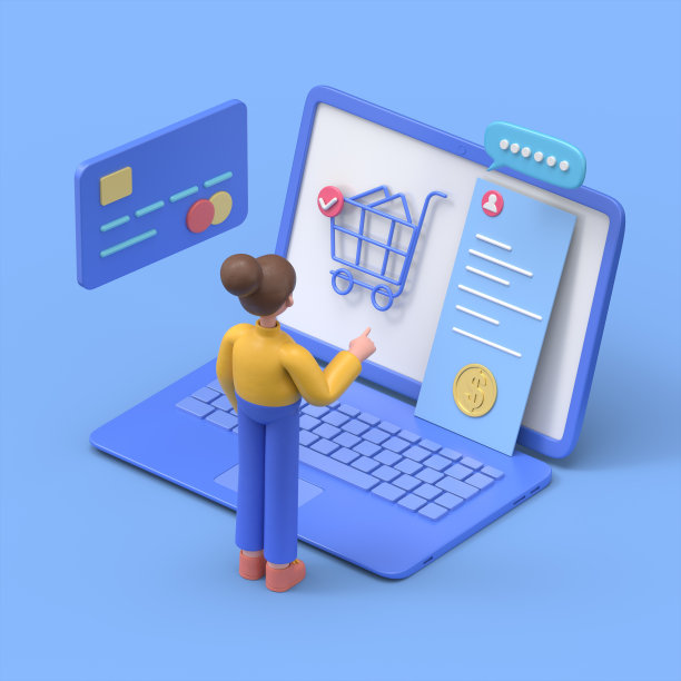 网上订购理念有个性。可以用于网页横幅，信息图表，英雄形象。亚洲女性安琪拉的3D插图。蓝色背景的3D渲染。图片下载