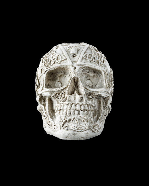 装饰。在黑色背景上孤立的人类头骨。图片下载