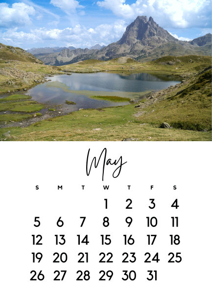 在2024年5月的日历与山地景观照片。作者按月列出的2024年日历图片下载