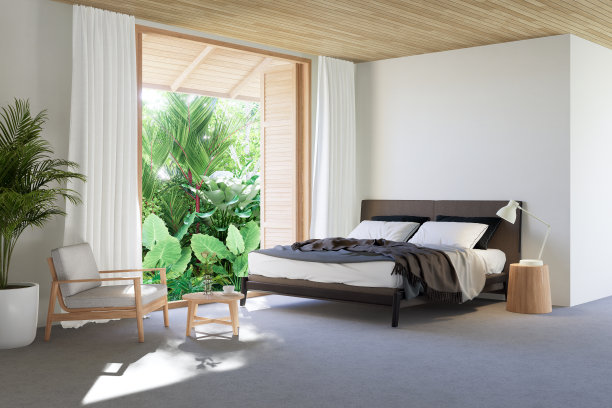 现代阁楼风格的卧室与热带花园景观3d渲染图片下载