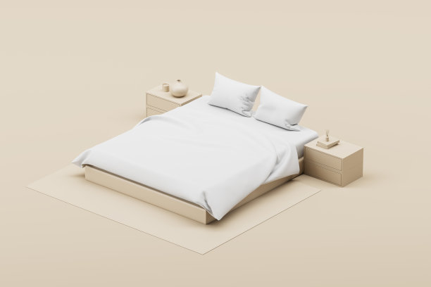 舒适的卧室内部与床和床头柜装饰的俯视图图片下载