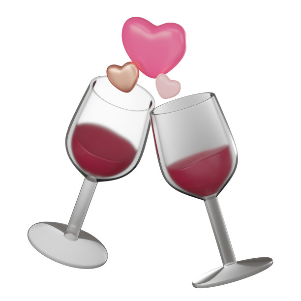 为爱干杯，情人节庆祝的酒杯图标。3D渲染图片下载