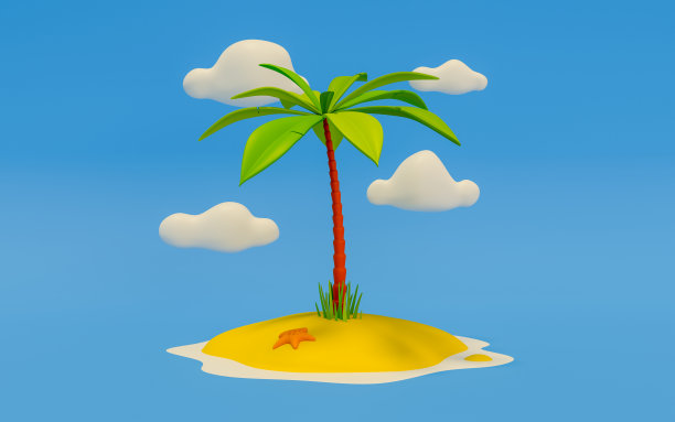 热带小岛，中间有一棵棕榈树，蓝色背景的沙滩上有一只海星，后面有云图片下载