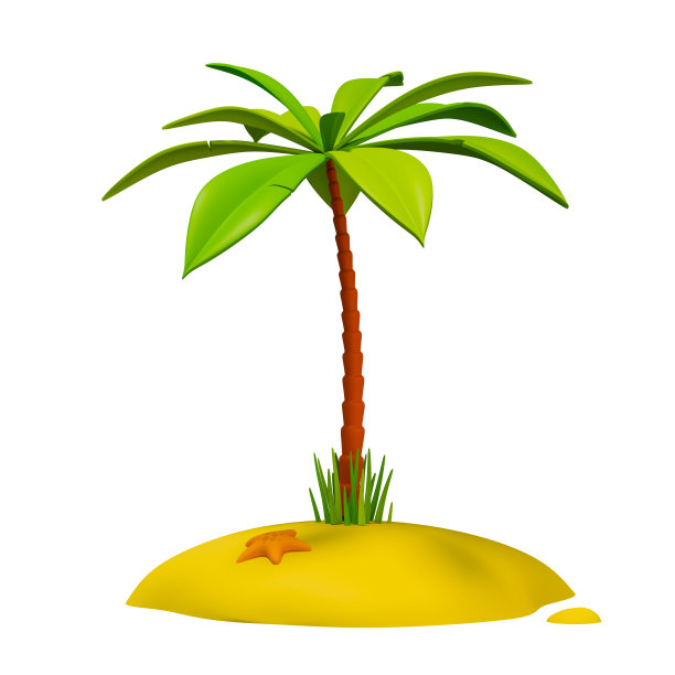 热带小岛，中间有一棵棕榈树，沙滩上有一只海星，背景是白色的图片下载