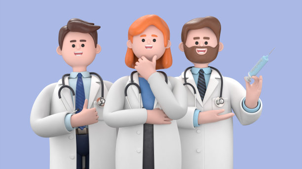 3d渲染，卡通人物医生，蓝色背景隔离的国际医疗专业团队。医务人员医院工作人员图片下载