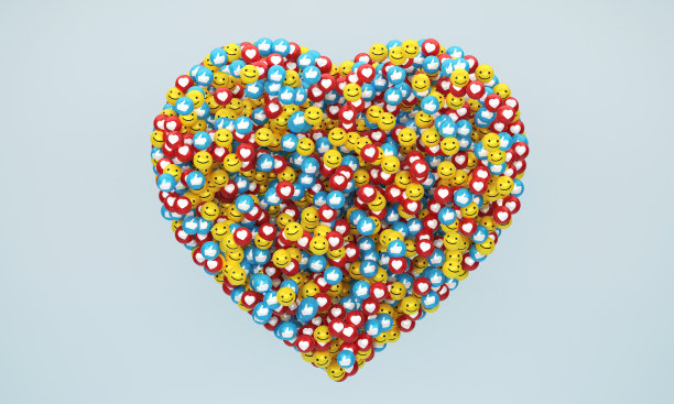 社交媒体喜欢，爱和笑脸图标形成一个心形图片下载