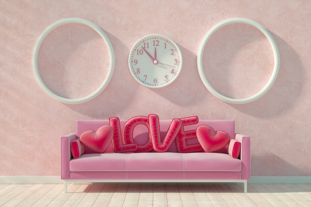 情人节概念搭配粉色沙发，爱心枕头图片下载