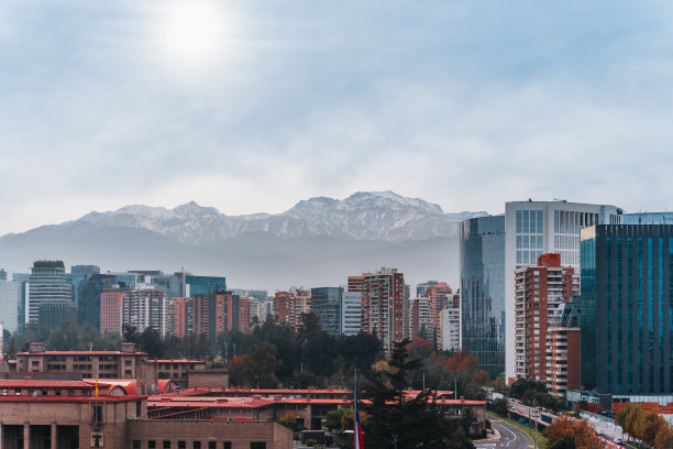 圣地亚哥金融区的早晨，安第斯山脉白雪皑皑图片下载