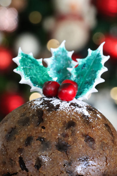 自制的特写图片，用冬青叶和红浆果装饰的圣诞布丁，喜庆的圣诞树和照亮的仙女灯背景，重点在前景图片下载