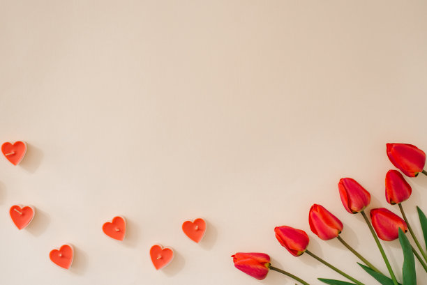 一束郁金香和红心蜡烛在米色的背景与复制空间。情人节的节日贺卡图片下载