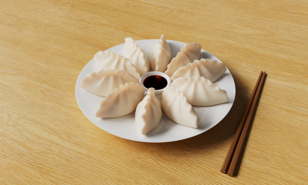 木制背景的韩国食物饺子盘。3D渲染图片下载