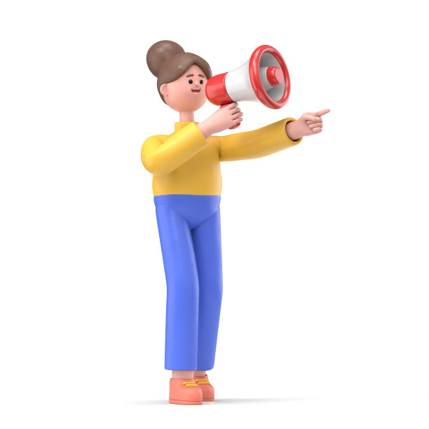 3D插图的亚洲妇女安吉拉与扬声器。社交媒体，广告和推广理念。白色背景的3D渲染。图片下载