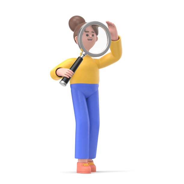 3D插图的亚洲妇女安吉拉与放大镜。商业分析，计算或研究概念。白色背景的3D渲染。图片下载