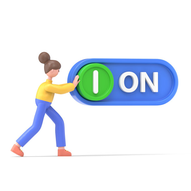 亚洲女人安吉拉按下按钮的3D插图。项目的开始。开放的进步。打开开关。3D插图平面设计。白色背景的3D渲染。图片下载