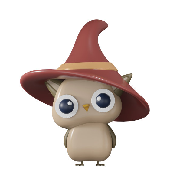 3D插图渲染人物鸟米色猫头鹰在透明的背景上棕色帽子图片下载