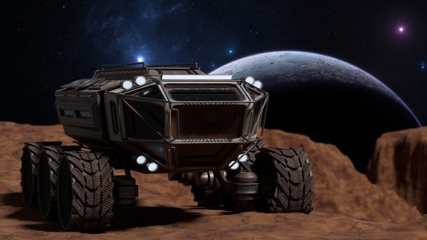 六轮探测车站在一个贫瘠的外星星球上，背景是一颗冉冉升起的大月亮。三维渲染图片下载