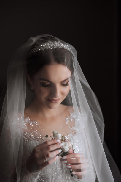 婚礼的早晨，一位美丽的新娘穿着优雅的婚纱，一头黑发，化着迷人的妆，在房间里拍摄的时尚照片。新娘正在为婚礼做准备图片下载