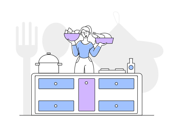 在厨房做饭的女人矢量线性图片下载