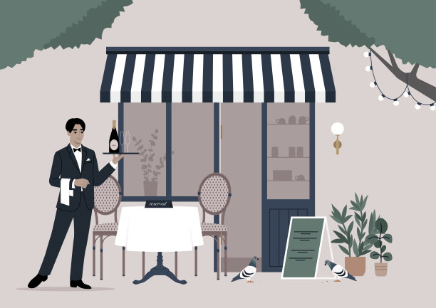 巴黎的优雅，一个服务员服务在一个户外咖啡馆，一个优雅的服务员在一个古色古香的法国餐厅在串灯图片下载