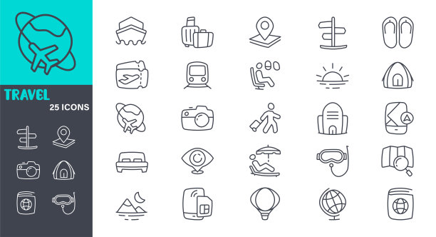 黑色和白色的旅游图标股票插图图标符号，旅程，假期，旅游目的地，飞机，海滩，假日图片下载