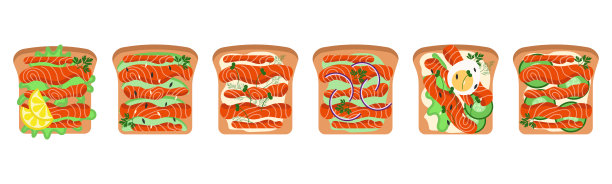 一套有鱼，鸡蛋，鳄梨，蔬菜，微型蔬菜的烤面包。健康零食，开放式三明治。图片下载