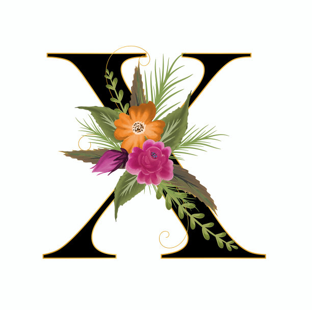 字母X矢量与花和叶子。装饰字母水彩。插画信十周年纪念图片下载
