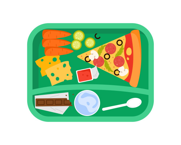 绿色塑料托盘与午餐食品，顶视图矩形食堂拼盘图片下载