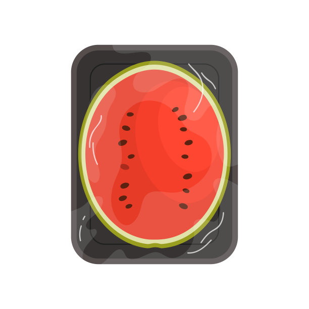 半个西瓜放在黑色的塑料托盘里，用保鲜膜包装图片下载