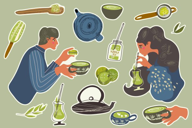 绿色抹茶贴纸包。日本茶文化。平面矢量插图卡片，横幅，海报，明信片，菜单，包装，品牌，咖啡馆。图片下载