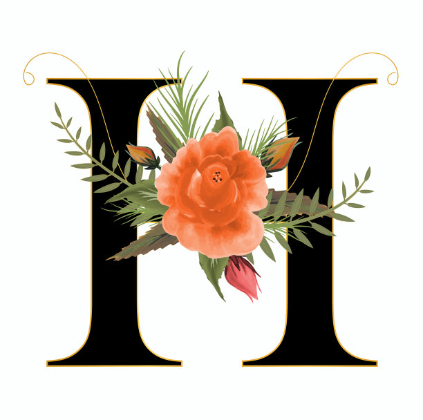 字母H矢量与花和叶子。装饰字母水彩。插画字母H周年纪念图片下载