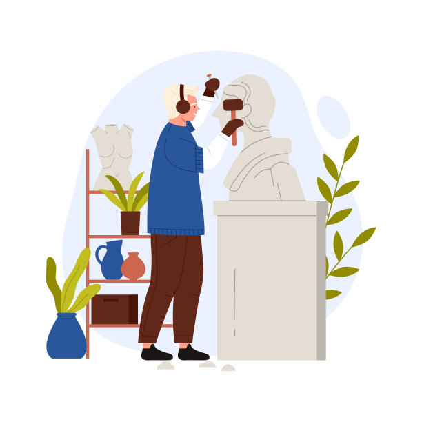 戴着耳机雕刻石像的人，雕塑家用凿子和锤子工作图片下载