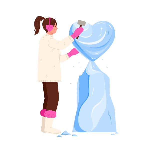 女孩雕塑家用锤子制作冰雕在心脏形状的立场图片下载