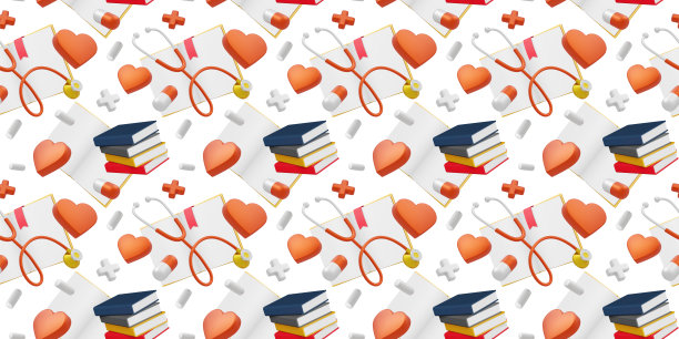 3d医疗无缝模式与心脏，听诊器，药丸和书在白色背景。医学插图三维设计图片下载