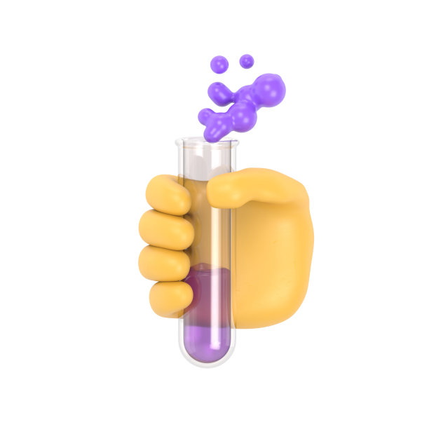 卡通手势图标模型。卡通人物手戴医用手套拿着试管。白色背景的3D渲染。图片下载