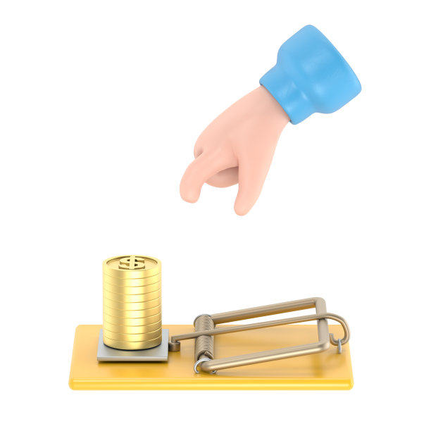 卡通手势图标模型。商人的手试图从捕鼠器中捡钱，白色背景3D渲染。图片下载