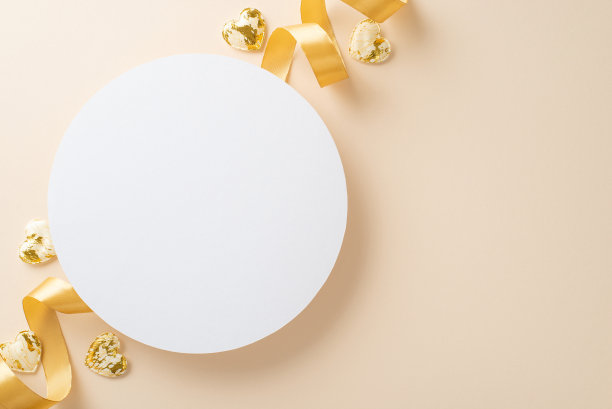 空的白色圆形空间的俯视图照片，在孤立的浅米色背景与copyspace米色丝带图片下载