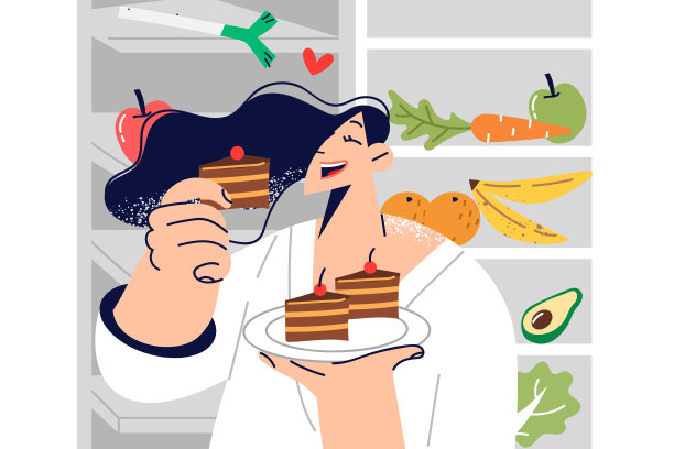 女人吃甜点，因为缺乏意志力而打破饮食习惯，站在水果和蔬菜旁边图片下载