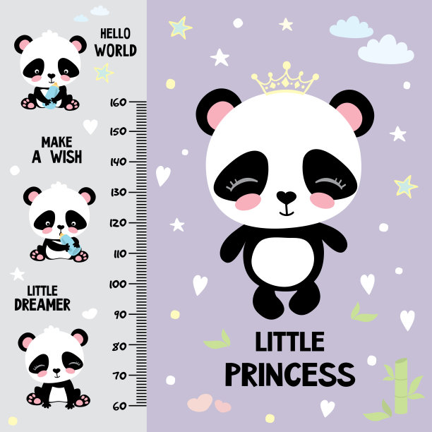 儿童身高表，模板设计。可爱的小熊猫。可爱和有趣的涂鸦动物。磅秤、尺子。斯堪的纳维亚风格的增长图表。海报，幼稚的印花。图片下载