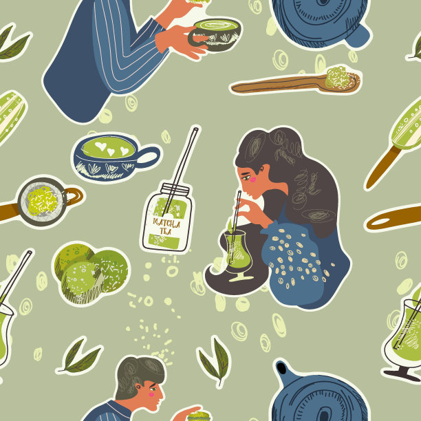 无缝图案绿色抹茶食品，饮料，茶叶，茶壶，工具，马克杯，杯子。无限重复日本质感的健康有机产品，让人手到手。彩色矢量图案印刷。图片下载