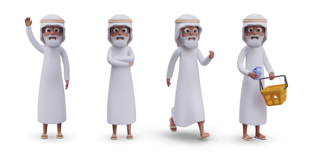 留着络腮胡子的阿拉伯人，穿着传统的长袍和库菲。矢量男性角色在不同的姿势图片下载