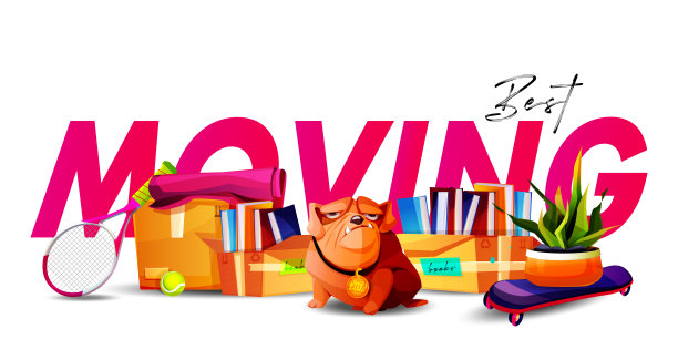 动画风格的快速移动概念。牛头犬护卫犬与纸板箱和个人物品在白色背景与文字。图片下载