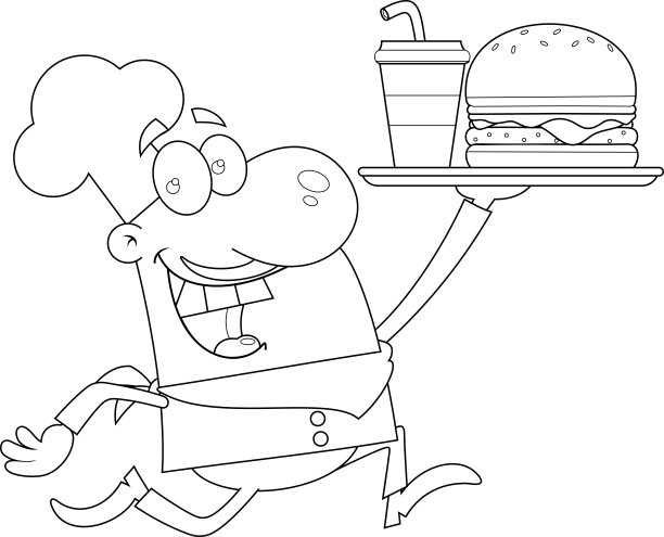概述了快乐厨师男卡通人物与汉堡和苏打奔跑图片下载