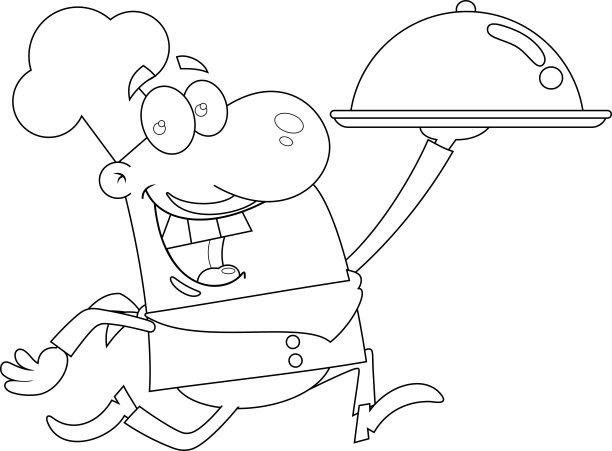 概述微笑的厨师卡通人物跑与银拼盘图片下载