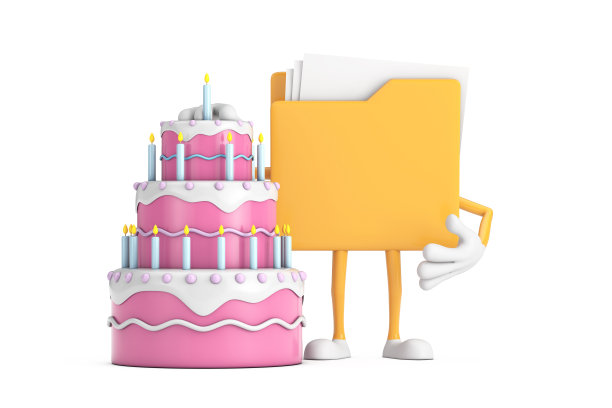 黄色文件夹图标卡通人物吉祥物与生日卡通甜点分层蛋糕和蜡烛。3d渲染图片下载