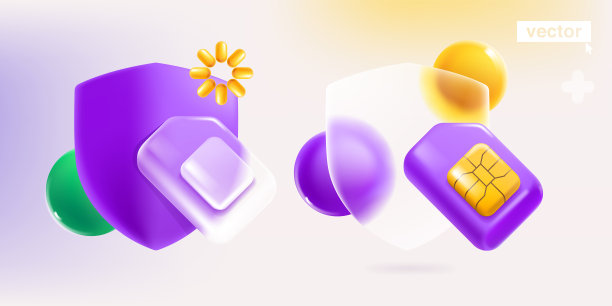 盾牌符号与手机SIM卡与金色芯片在玻璃形态风格。图片下载