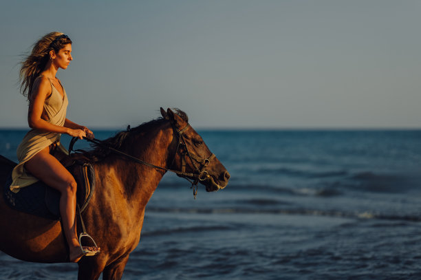 一位年轻女士在海边骑马的侧面照片。图片下载