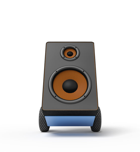 在蓝色背景的手推车上的黑色音频扬声器的3d渲染图片下载